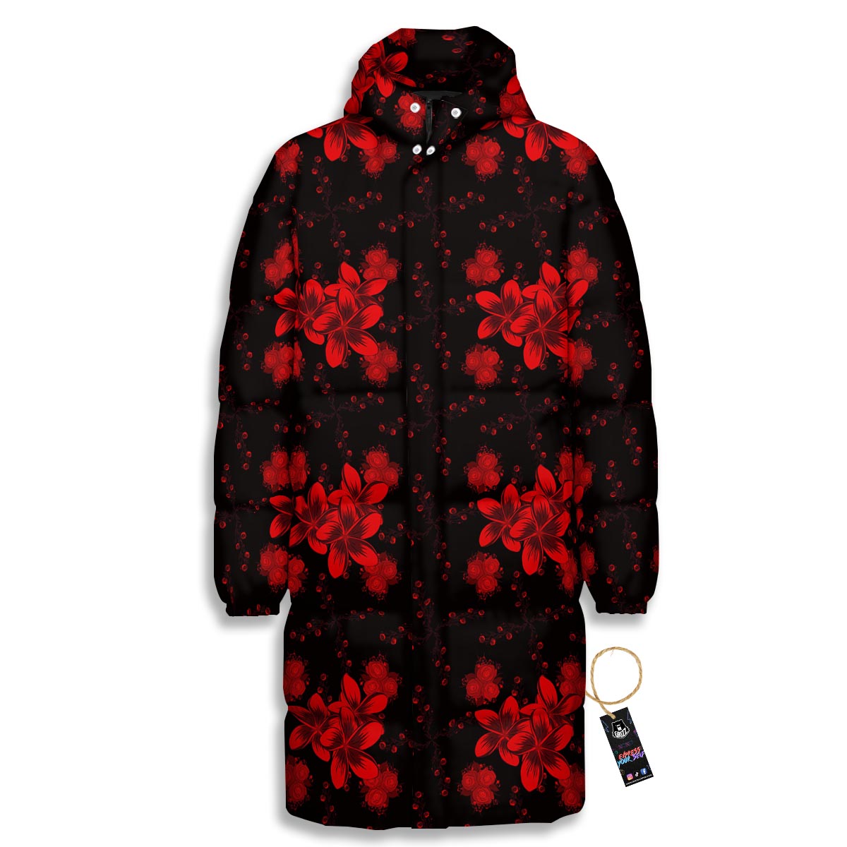Frangipani Black And Red Print Pattern Long Down Jacket-grizzshop