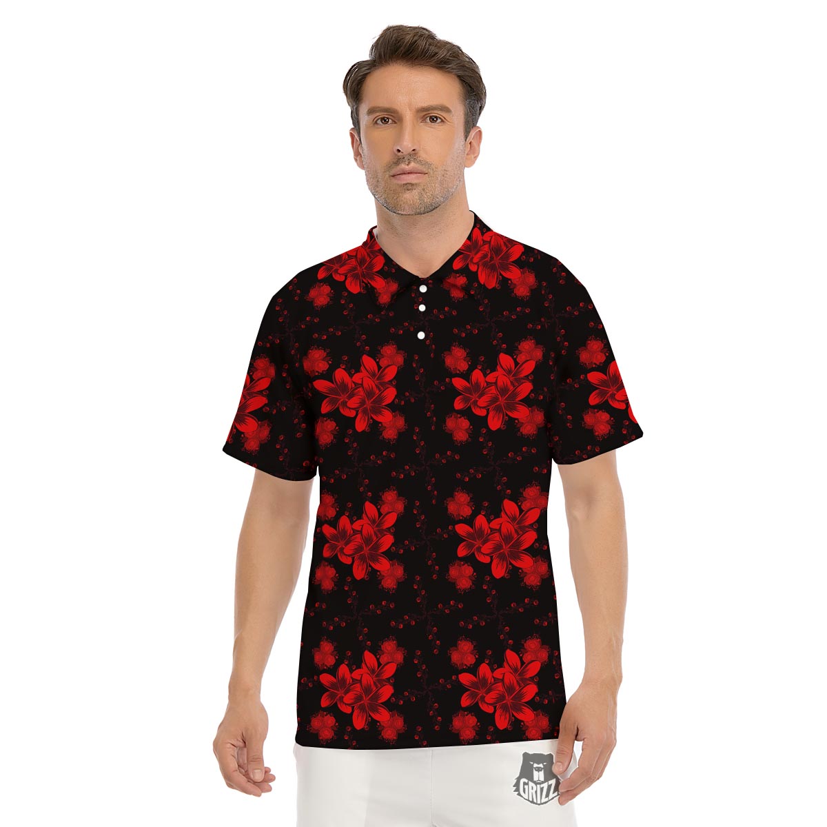 Frangipani Black And Red Print Pattern Men's Golf Shirts-grizzshop