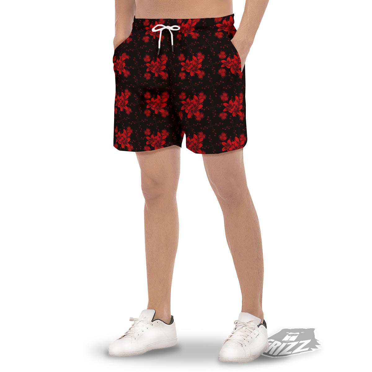 Frangipani Black And Red Print Pattern Men's Gym Shorts-grizzshop