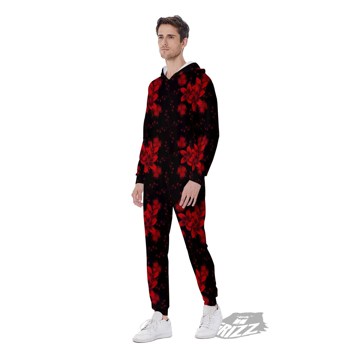 Frangipani Black And Red Print Pattern Men's Jumpsuit-grizzshop