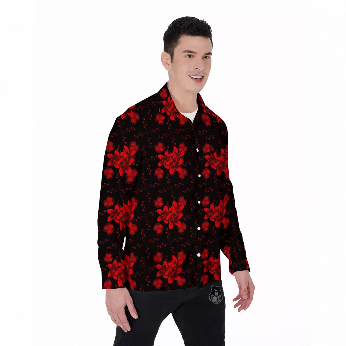Frangipani Black And Red Print Pattern Men's Long Sleeve Shirts-grizzshop