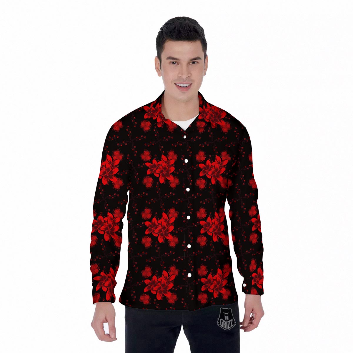 Frangipani Black And Red Print Pattern Men's Long Sleeve Shirts-grizzshop