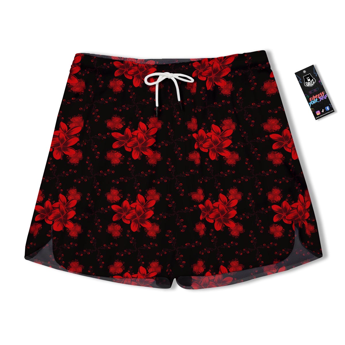 Frangipani Black And Red Print Pattern Men's Running Shorts-grizzshop