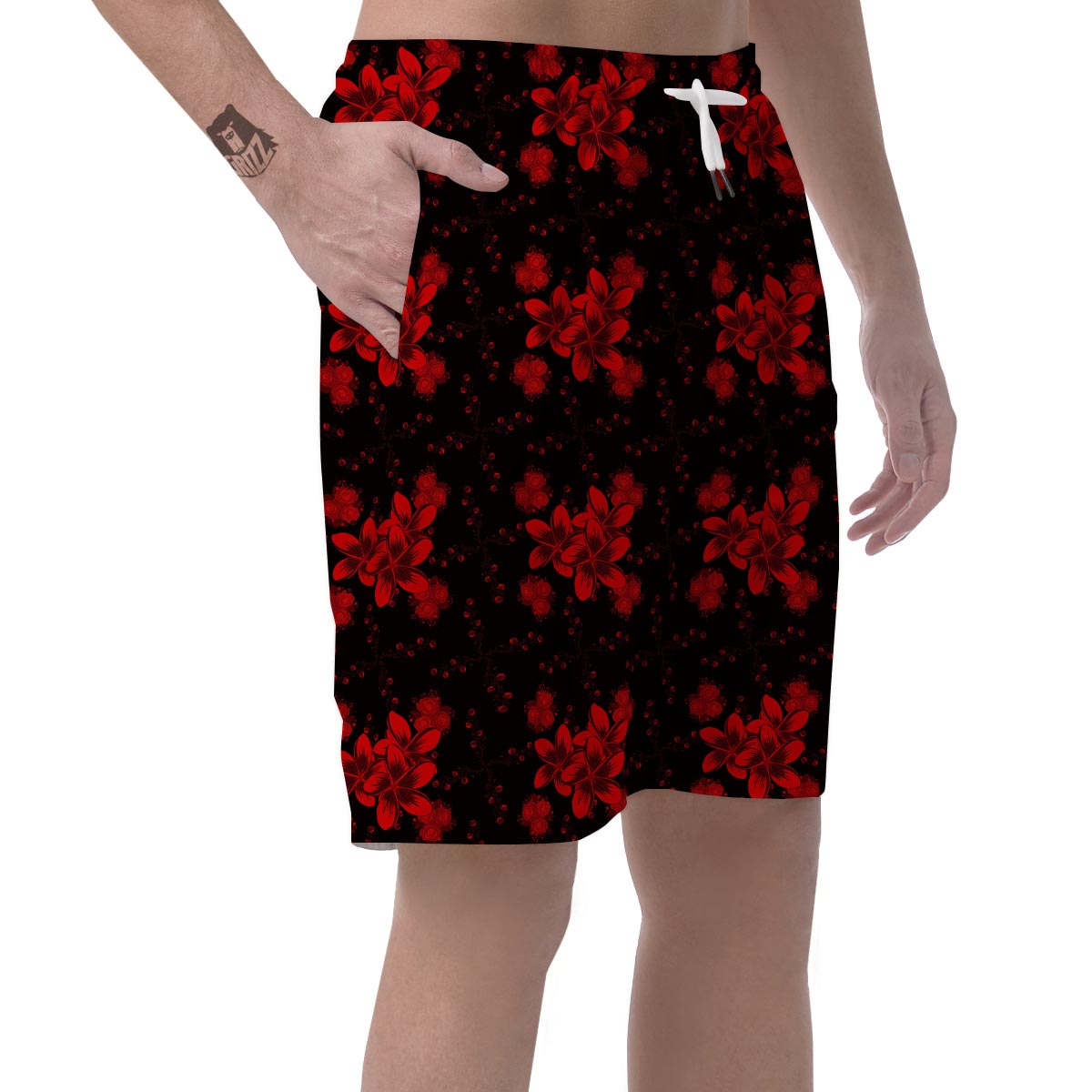 Frangipani Black And Red Print Pattern Men's Shorts-grizzshop