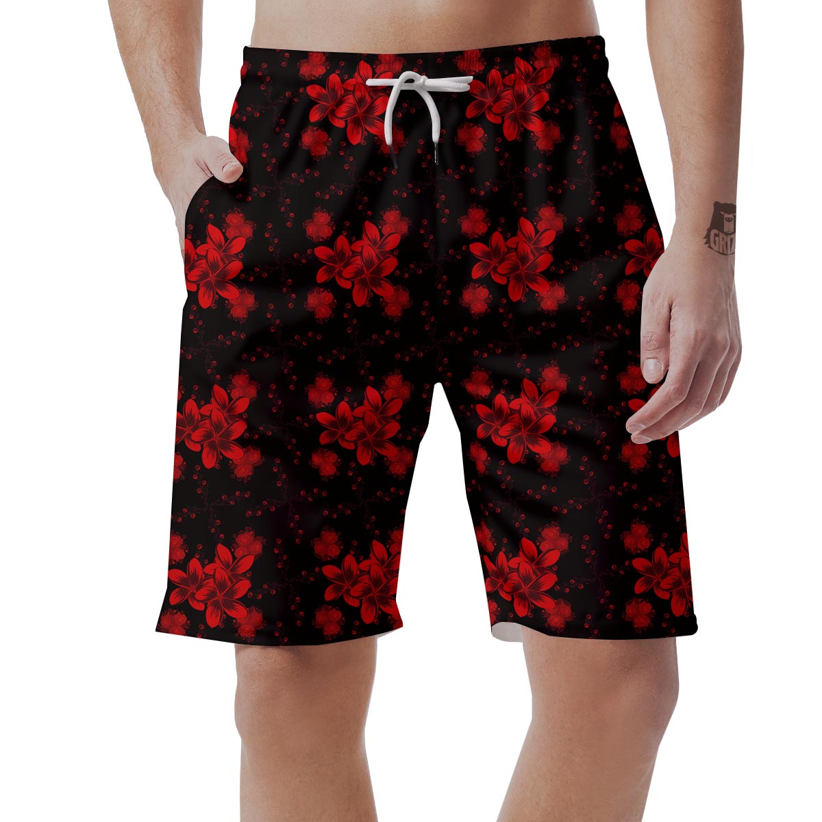 Frangipani Black And Red Print Pattern Men's Shorts-grizzshop