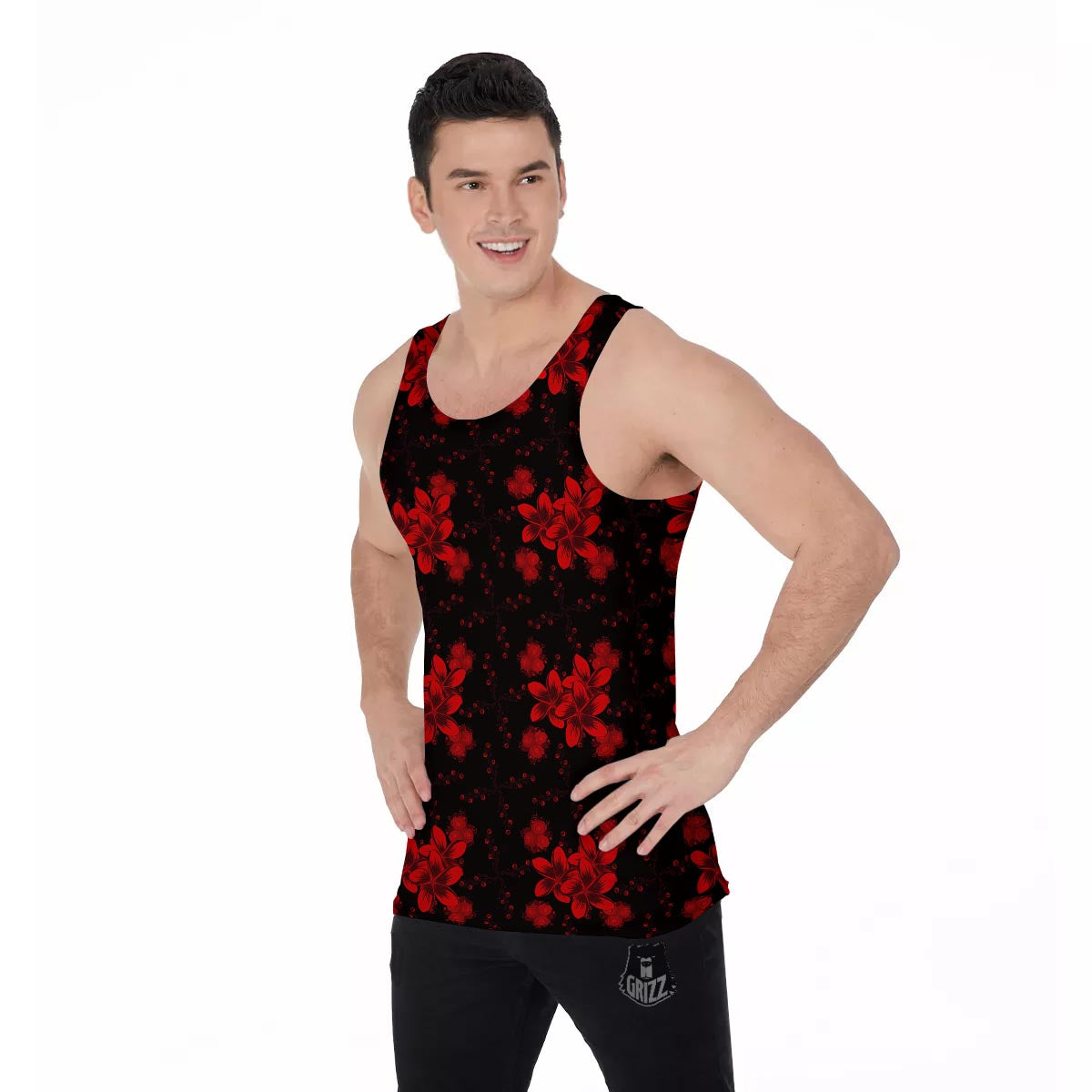 Frangipani Black And Red Print Pattern Men's Tank Top-grizzshop