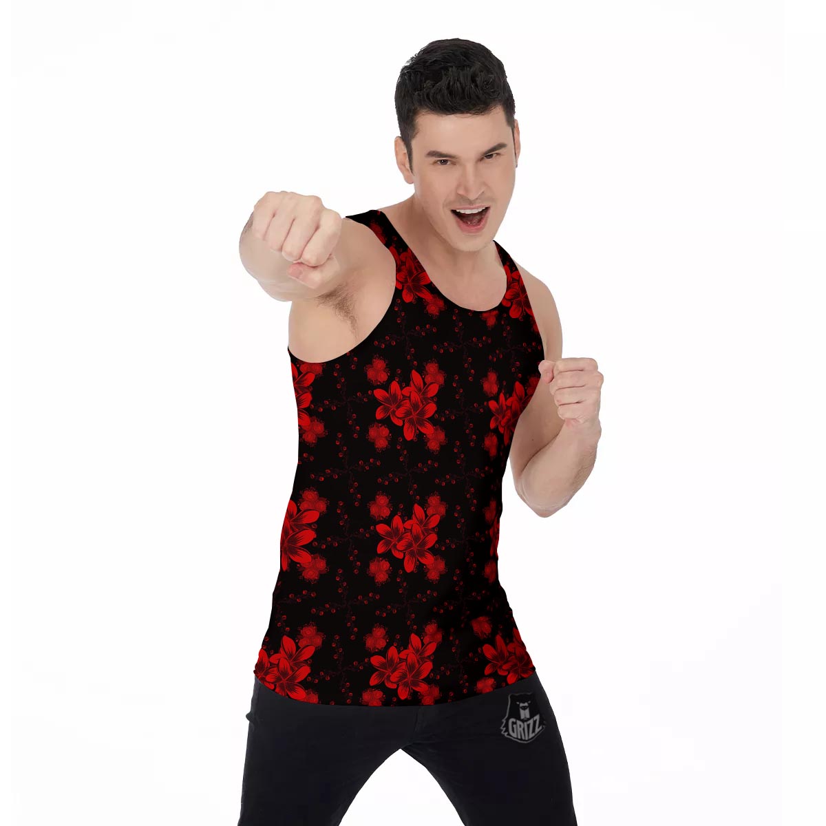 Frangipani Black And Red Print Pattern Men's Tank Top-grizzshop