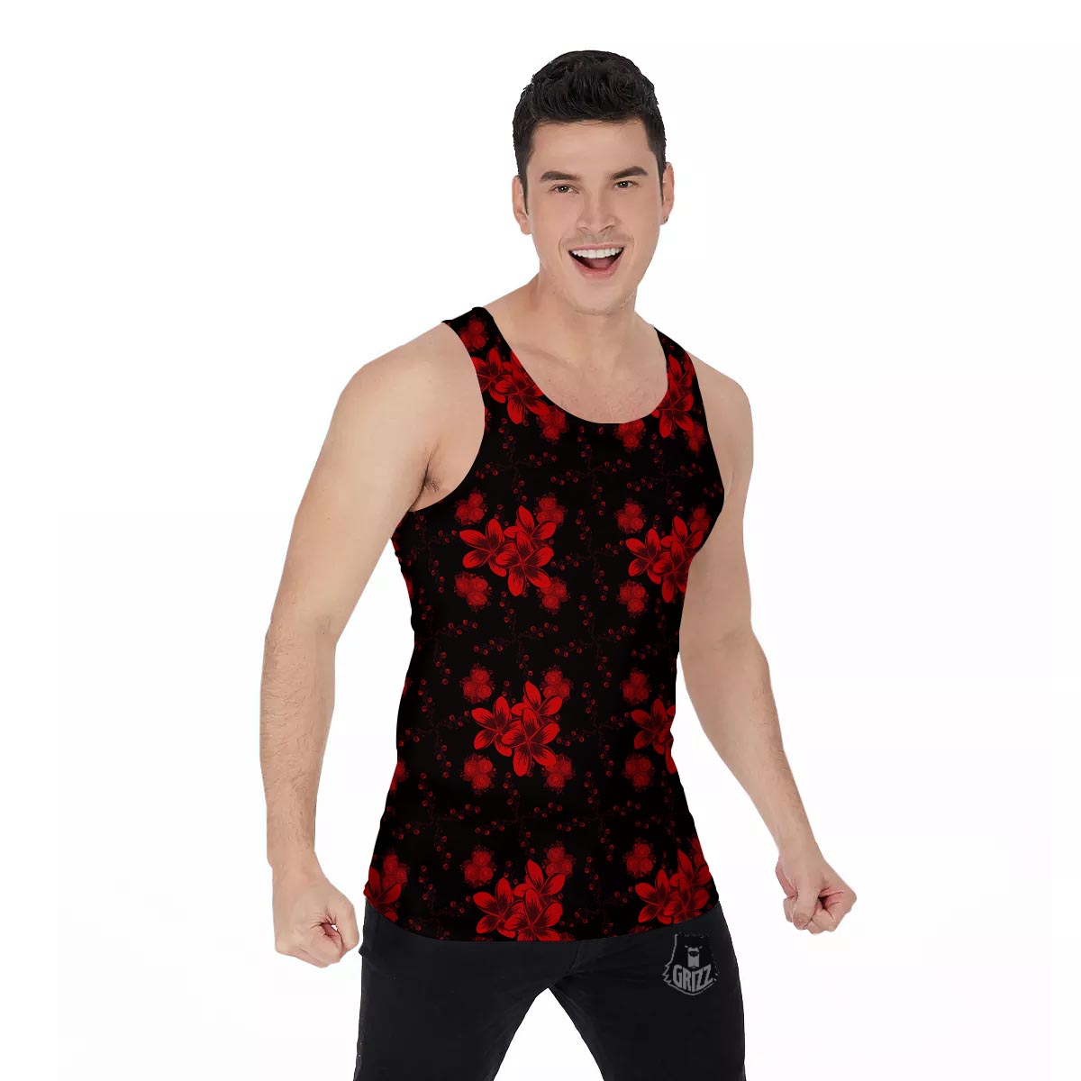 Frangipani Black And Red Print Pattern Men's Tank Top-grizzshop