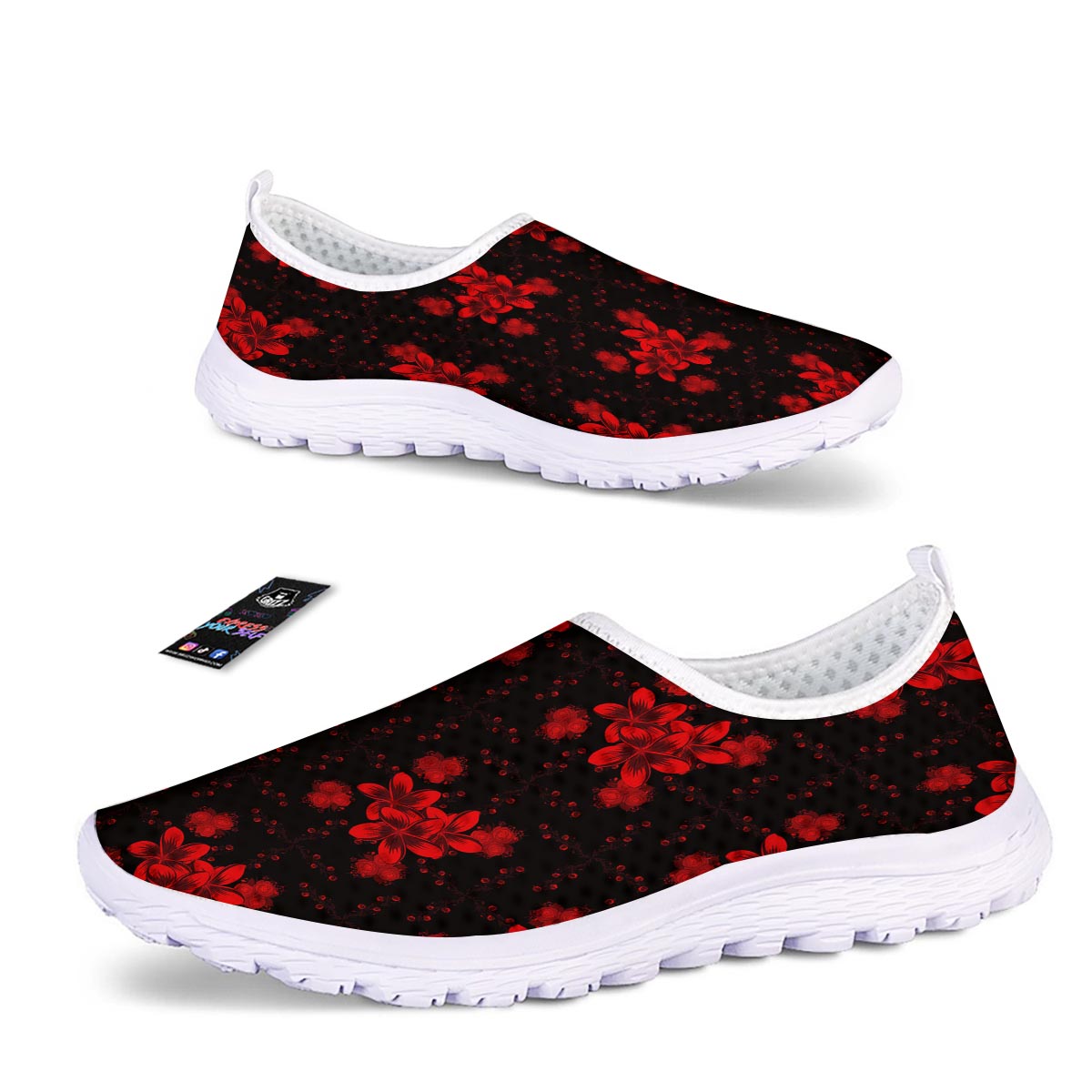 Frangipani Black And Red Print Pattern Nurse Shoes-grizzshop
