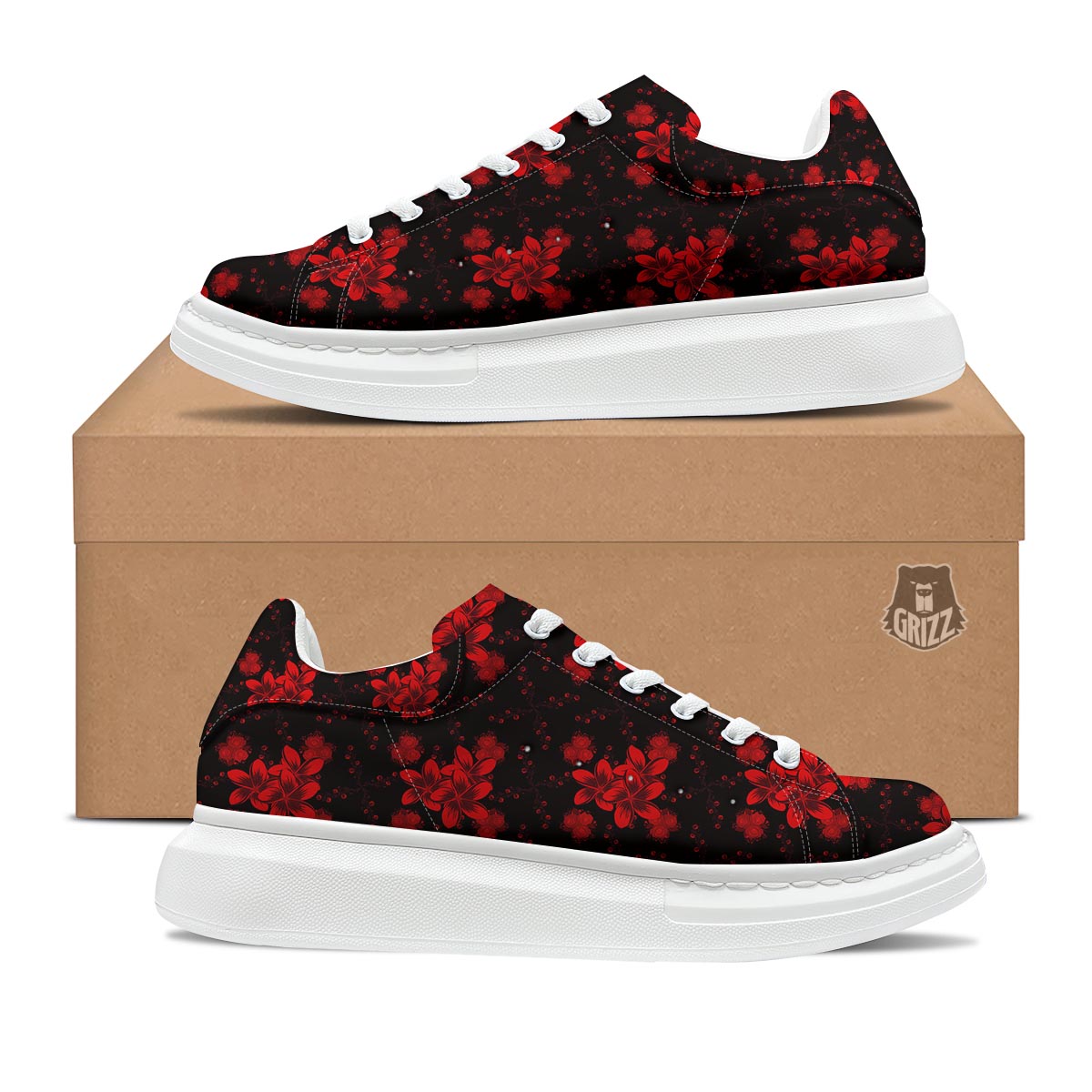 Frangipani Black And Red Print Pattern Platform Shoes-grizzshop