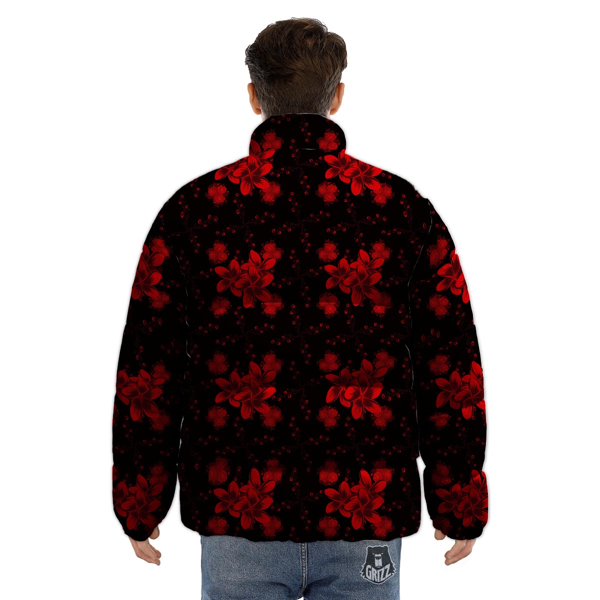 Frangipani Black And Red Print Pattern Puffer Jacket-grizzshop