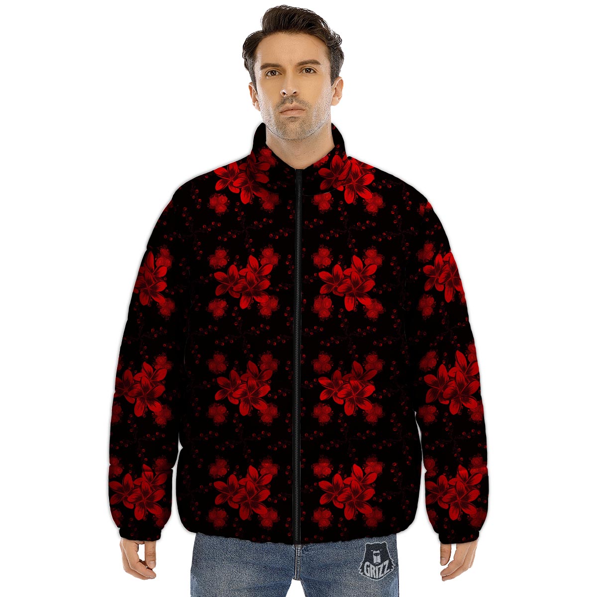 Frangipani Black And Red Print Pattern Puffer Jacket-grizzshop