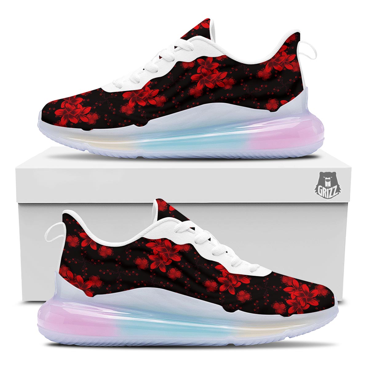 Frangipani Black And Red Print Pattern Running Sneakers-grizzshop
