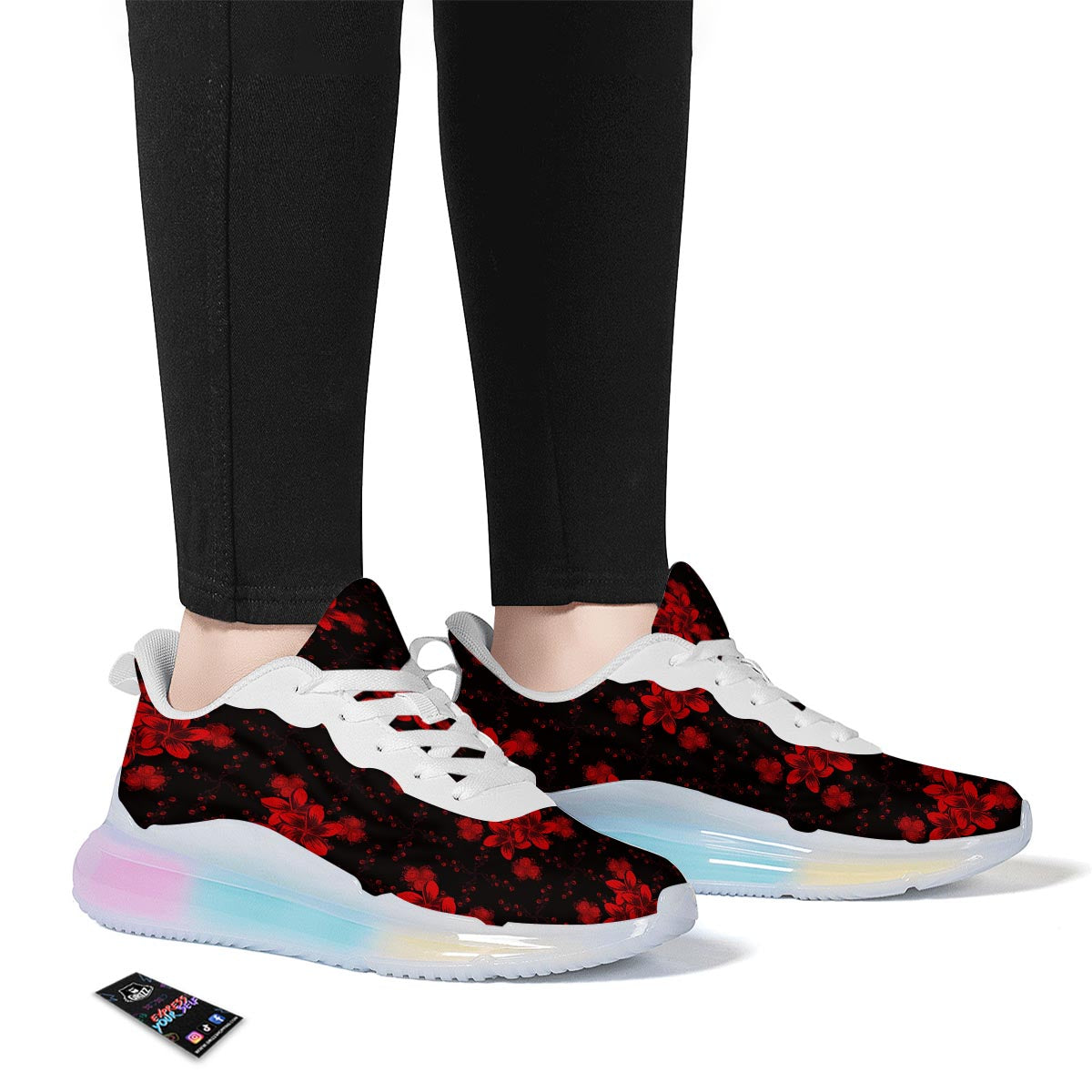 Frangipani Black And Red Print Pattern Running Sneakers-grizzshop