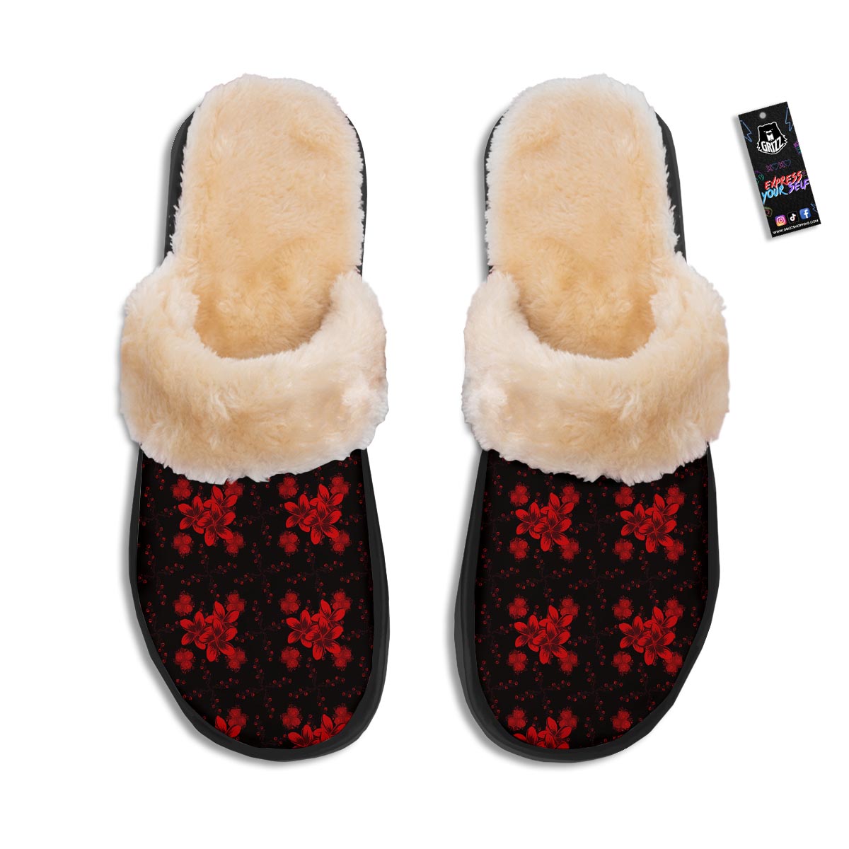 Frangipani Black And Red Print Pattern Slippers-grizzshop