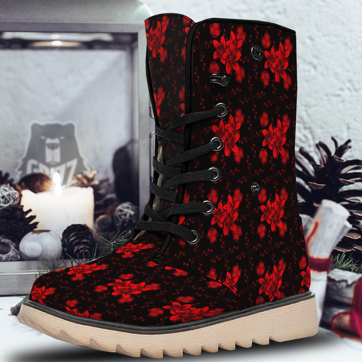 Frangipani Black And Red Print Pattern Snow Boots-grizzshop