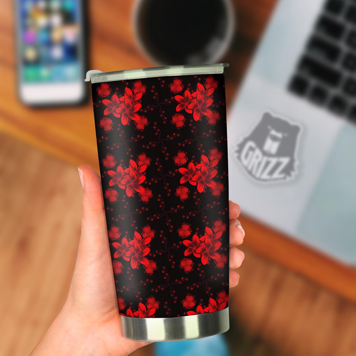 Frangipani Black And Red Print Pattern Tumbler-grizzshop