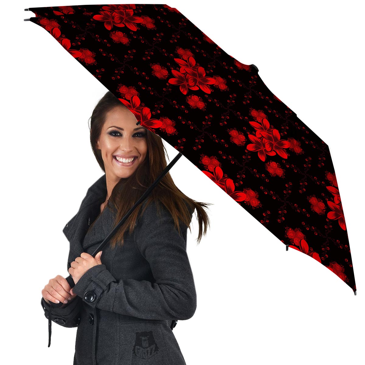 Frangipani Black And Red Print Pattern Umbrella-grizzshop