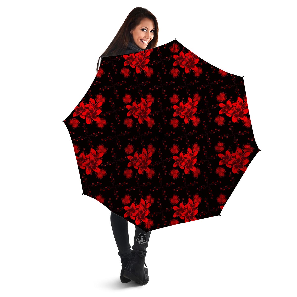 Frangipani Black And Red Print Pattern Umbrella-grizzshop