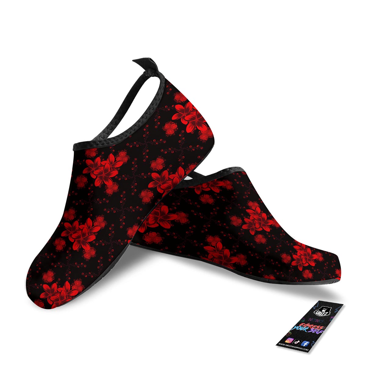 Frangipani Black And Red Print Pattern Water Shoes-grizzshop