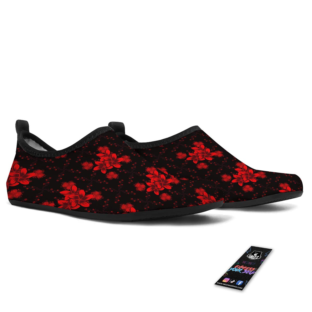 Frangipani Black And Red Print Pattern Water Shoes-grizzshop