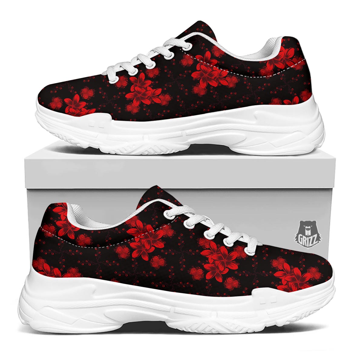 Frangipani Black And Red Print Pattern White Chunky Shoes-grizzshop