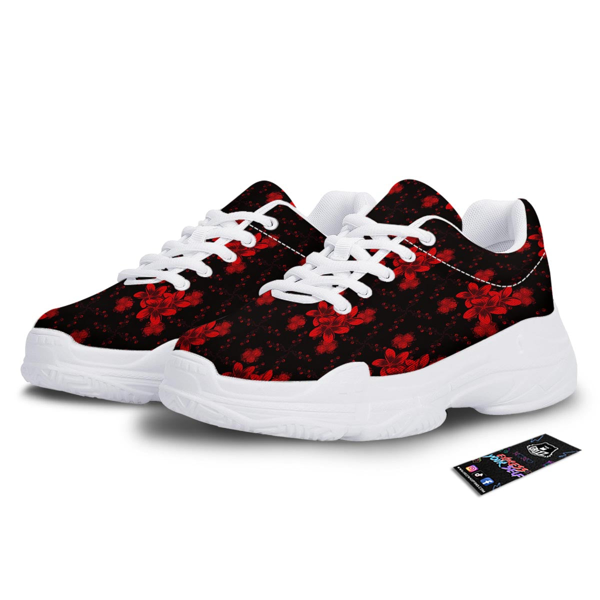 Frangipani Black And Red Print Pattern White Chunky Shoes-grizzshop