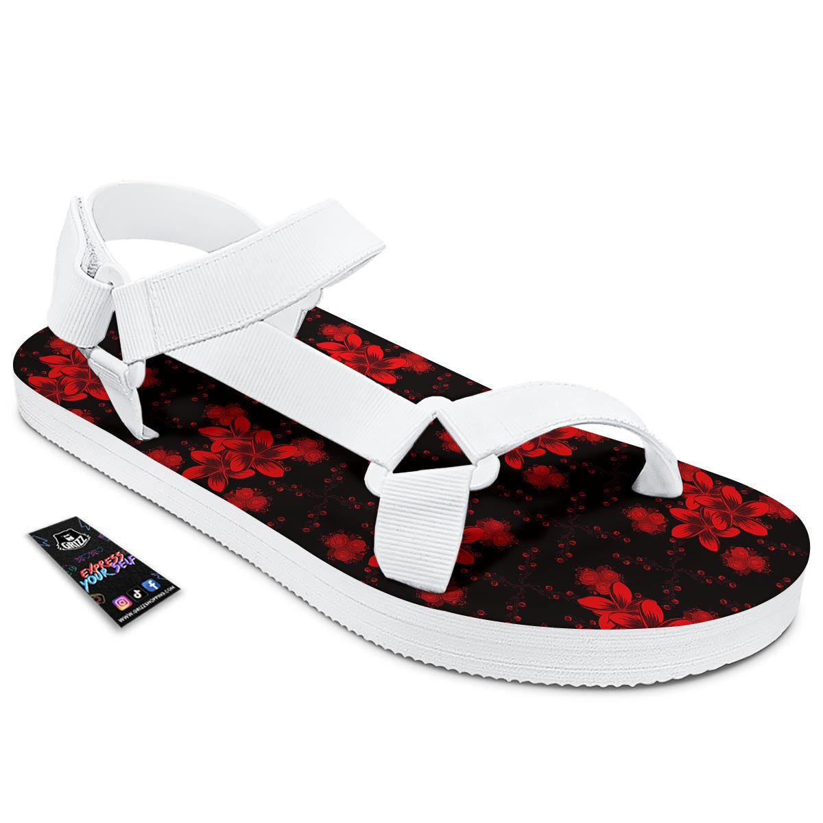 Frangipani Black And Red Print Pattern White Open Toe Sandals-grizzshop
