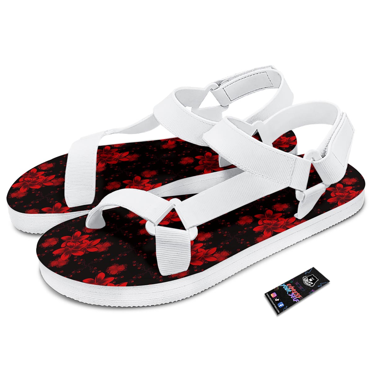 Frangipani Black And Red Print Pattern White Open Toe Sandals-grizzshop