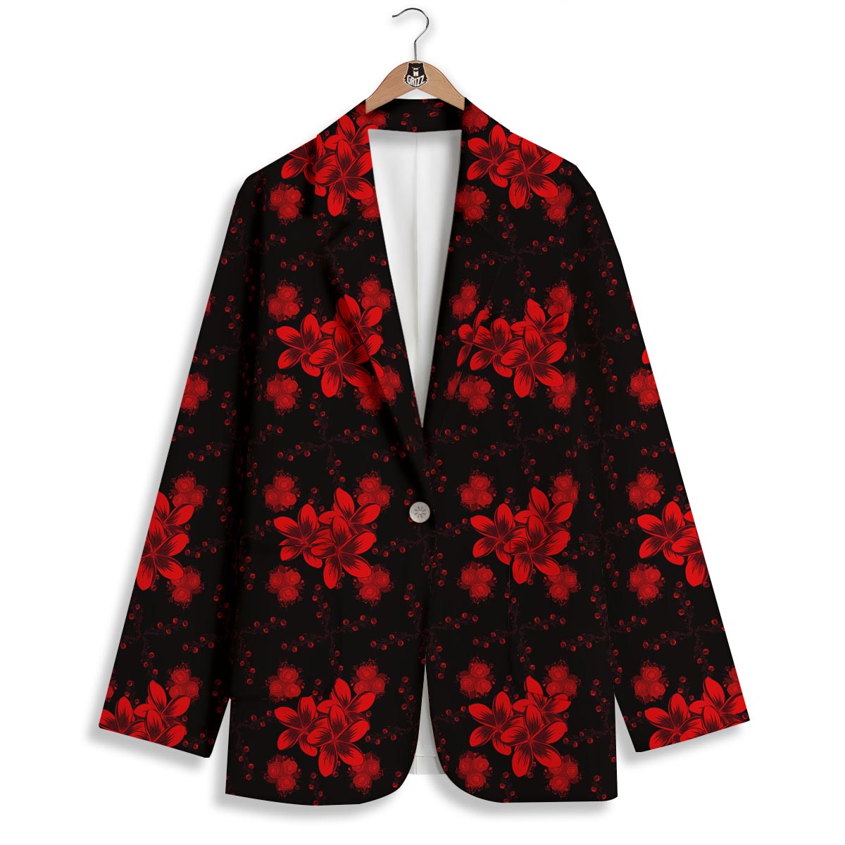 Frangipani Black And Red Print Pattern Women's Blazer-grizzshop