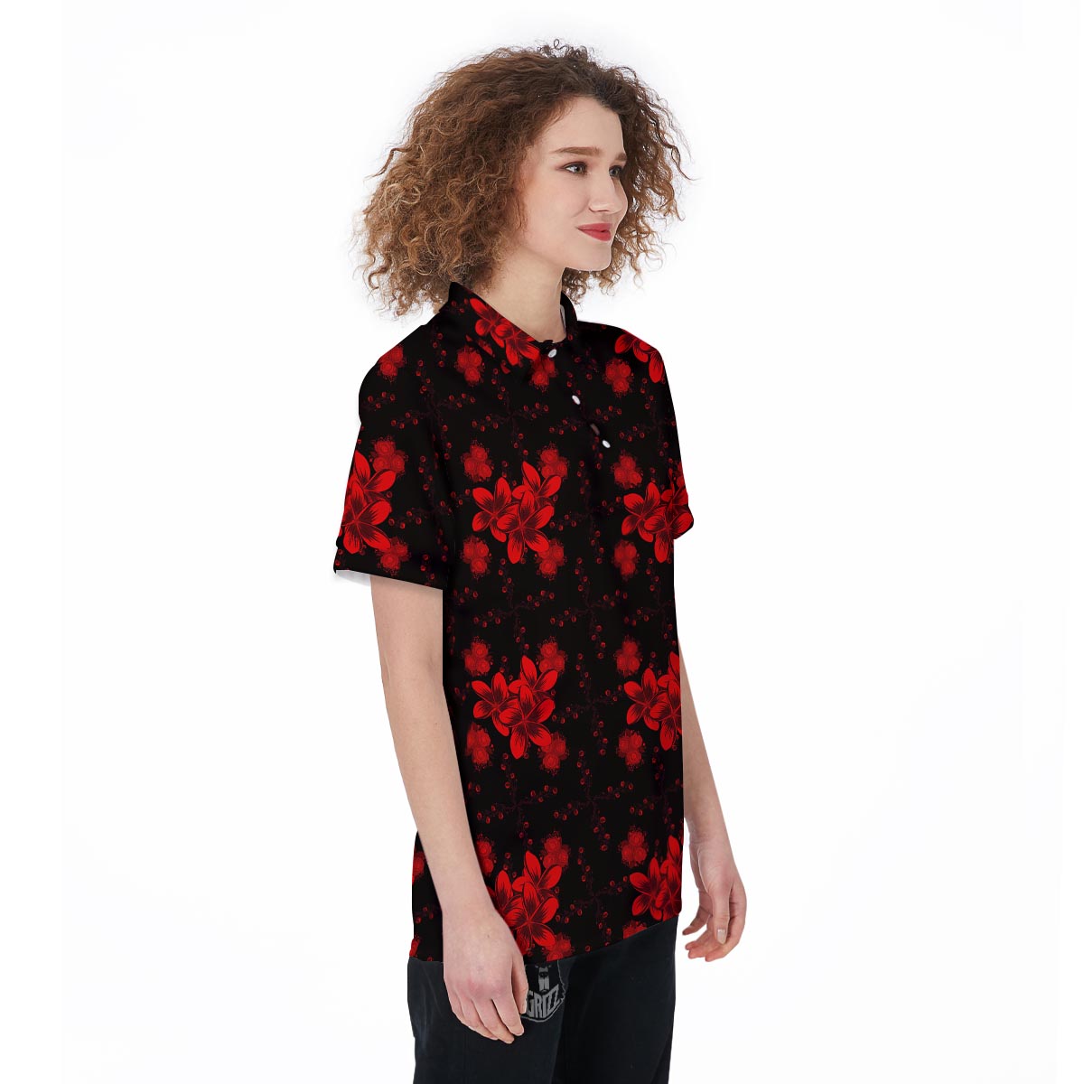 Frangipani Black And Red Print Pattern Women's Golf Shirts-grizzshop