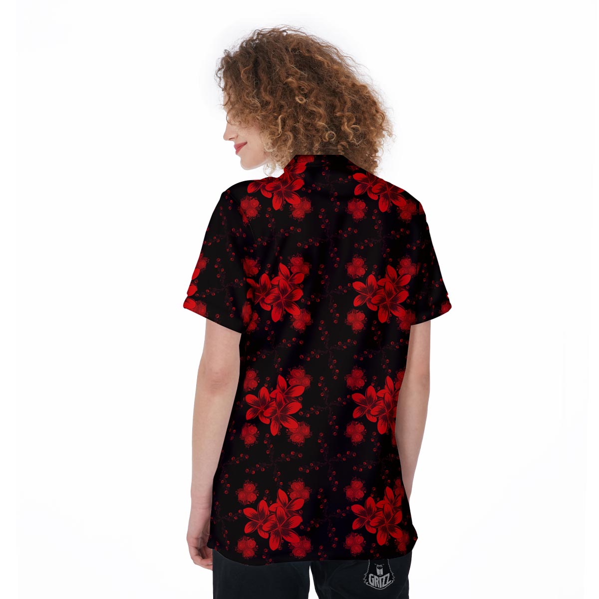 Frangipani Black And Red Print Pattern Women's Golf Shirts-grizzshop
