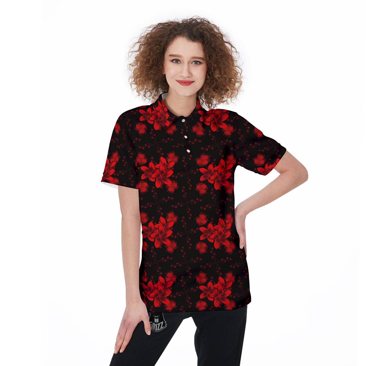 Frangipani Black And Red Print Pattern Women's Golf Shirts-grizzshop