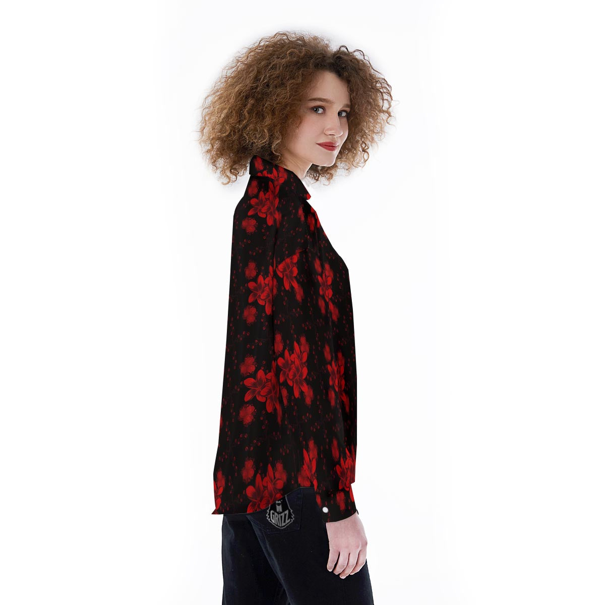 Frangipani Black And Red Print Pattern Women's Long Sleeve Shirts-grizzshop