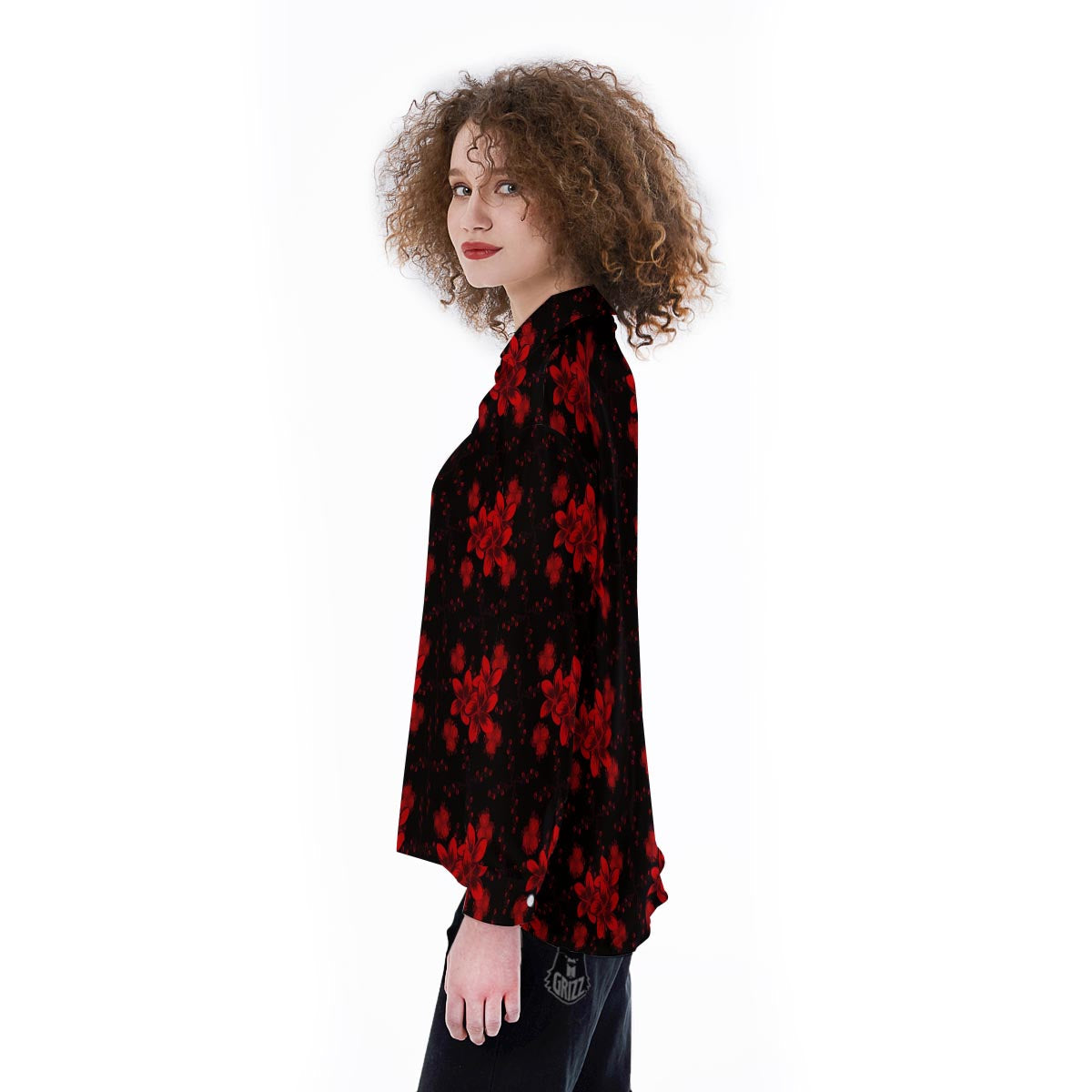 Frangipani Black And Red Print Pattern Women's Long Sleeve Shirts-grizzshop