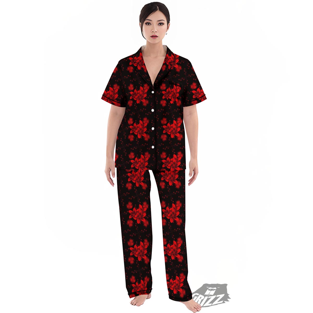 Frangipani Black And Red Print Pattern Women's Pajamas Set-grizzshop