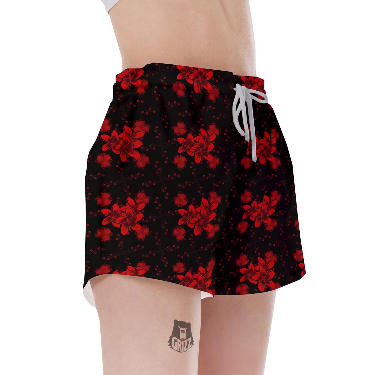 Frangipani Black And Red Print Pattern Women's Shorts-grizzshop