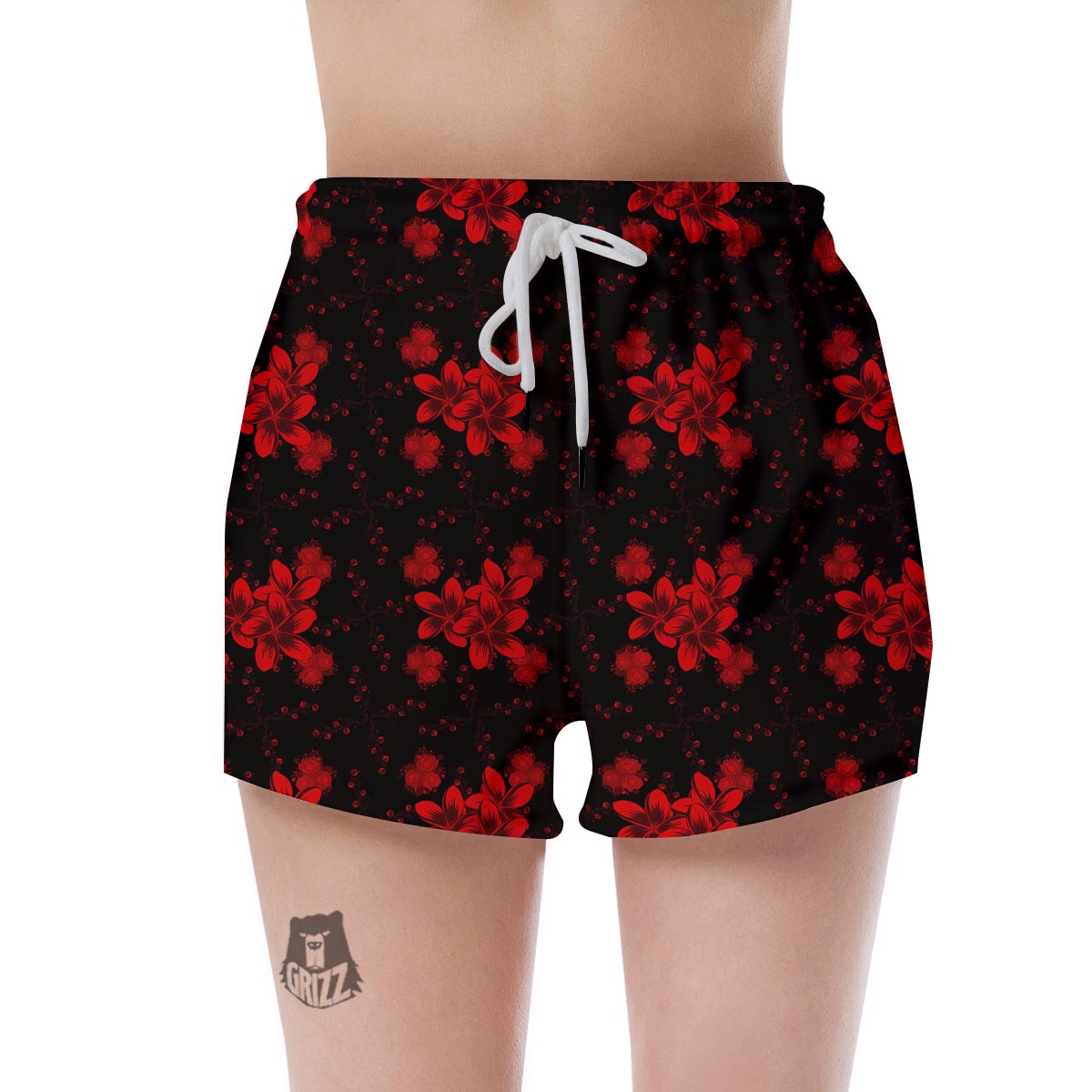 Frangipani Black And Red Print Pattern Women's Shorts-grizzshop