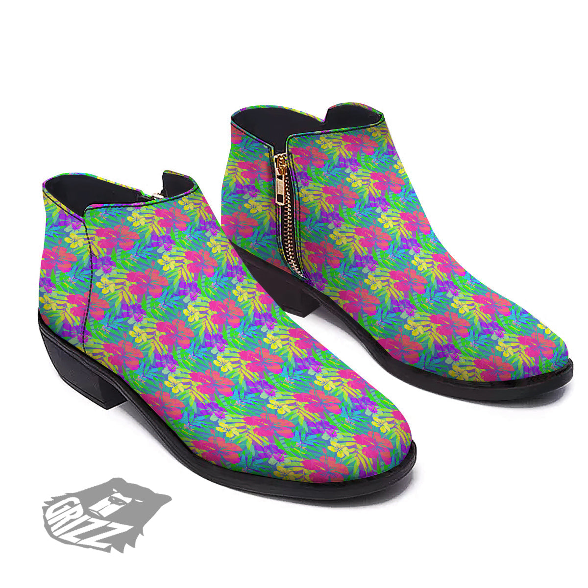 Frangipani Colorful Print Pattern Ankle Boots-grizzshop