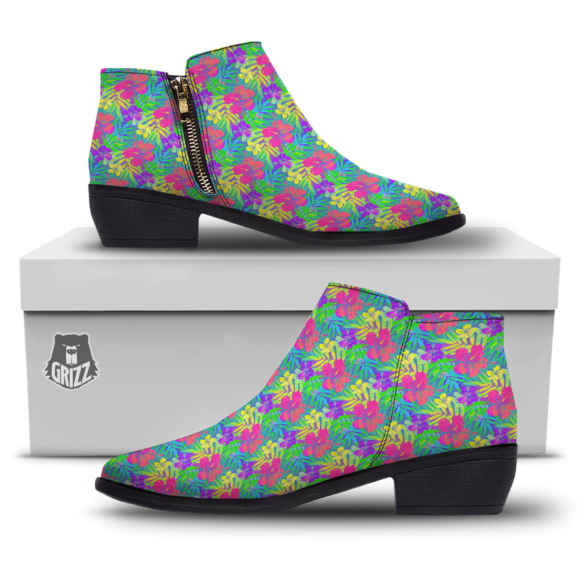 Frangipani Colorful Print Pattern Ankle Boots-grizzshop