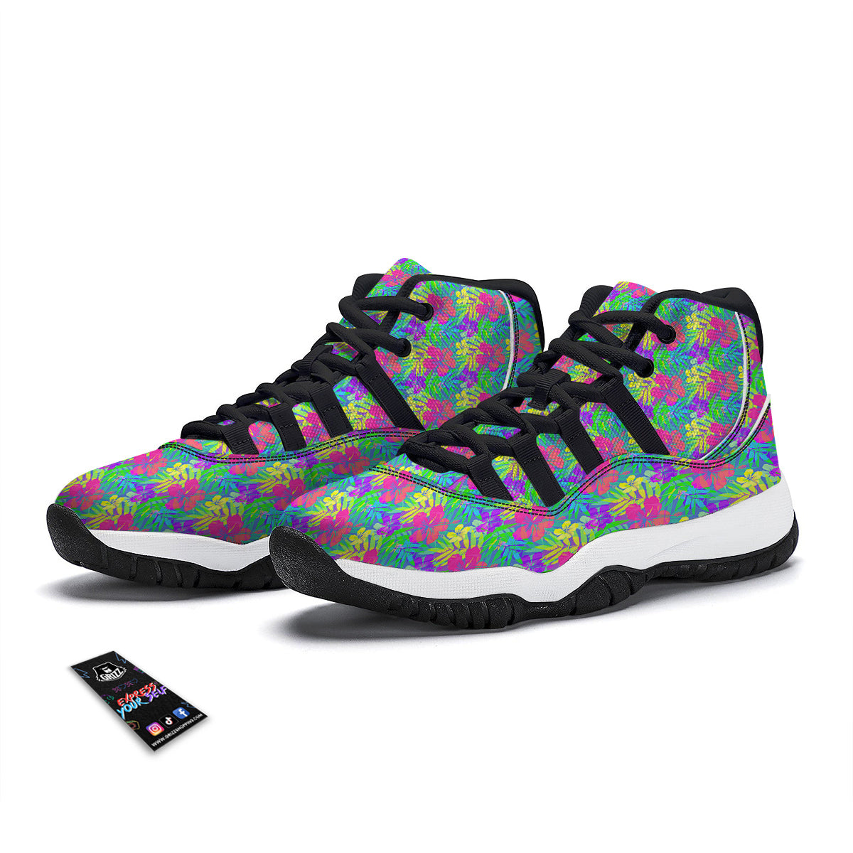 Frangipani Colorful Print Pattern Black Bball Shoes-grizzshop