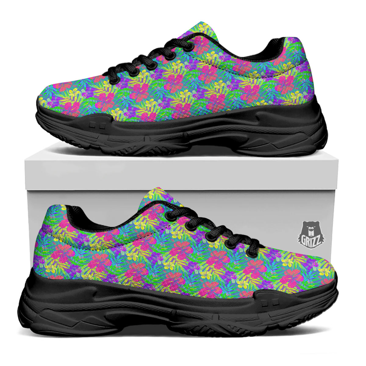 Frangipani Colorful Print Pattern Black Chunky Shoes-grizzshop
