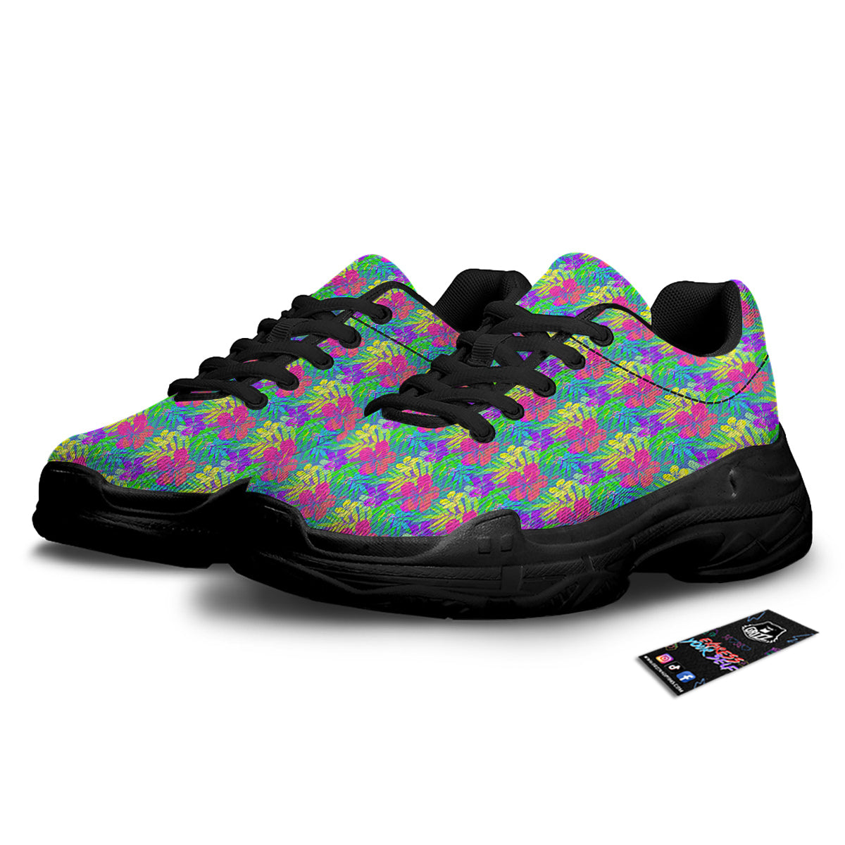 Frangipani Colorful Print Pattern Black Chunky Shoes-grizzshop