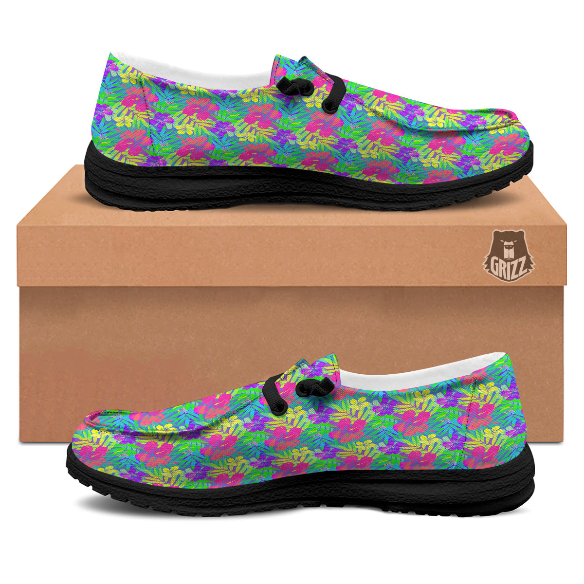 Frangipani Colorful Print Pattern Black Loafers-grizzshop