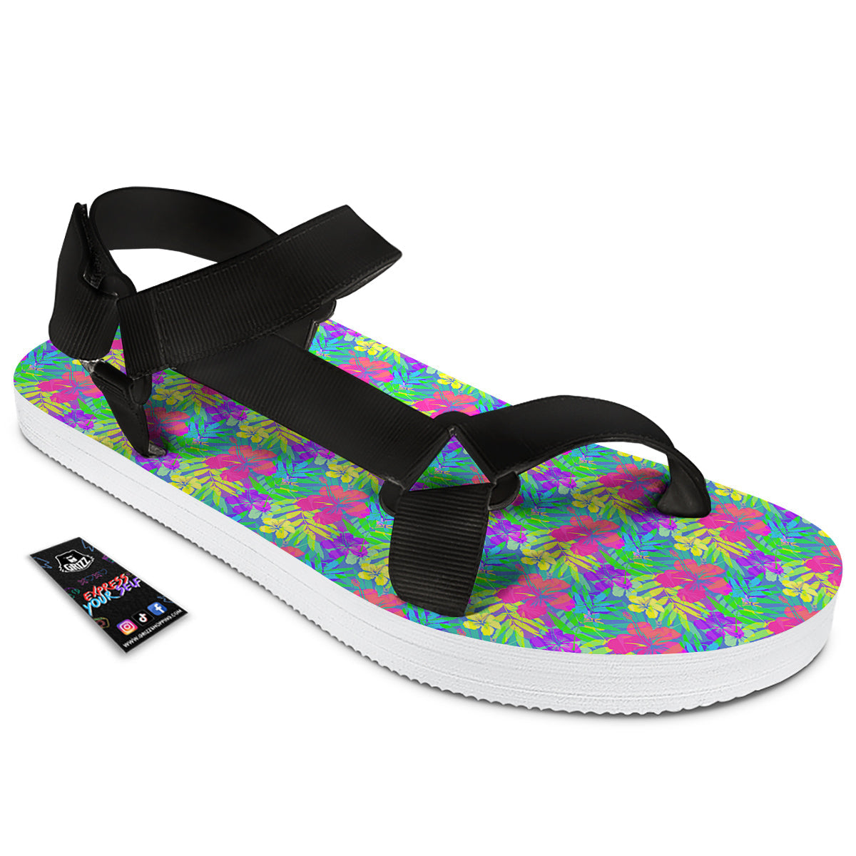 Frangipani Colorful Print Pattern Black Open Toe Sandals-grizzshop