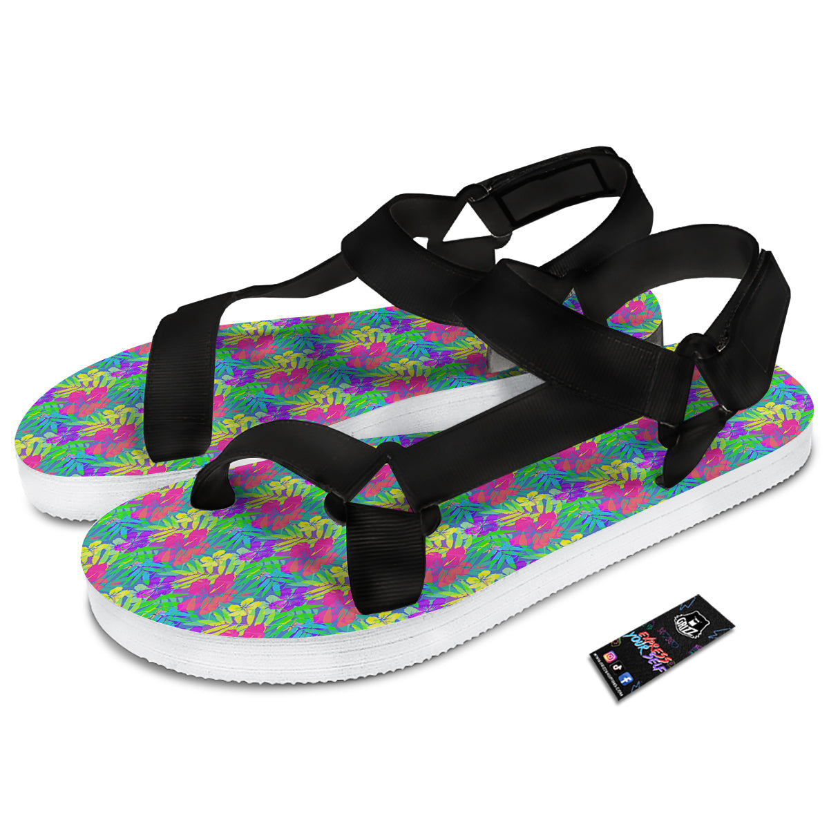 Frangipani Colorful Print Pattern Black Open Toe Sandals-grizzshop