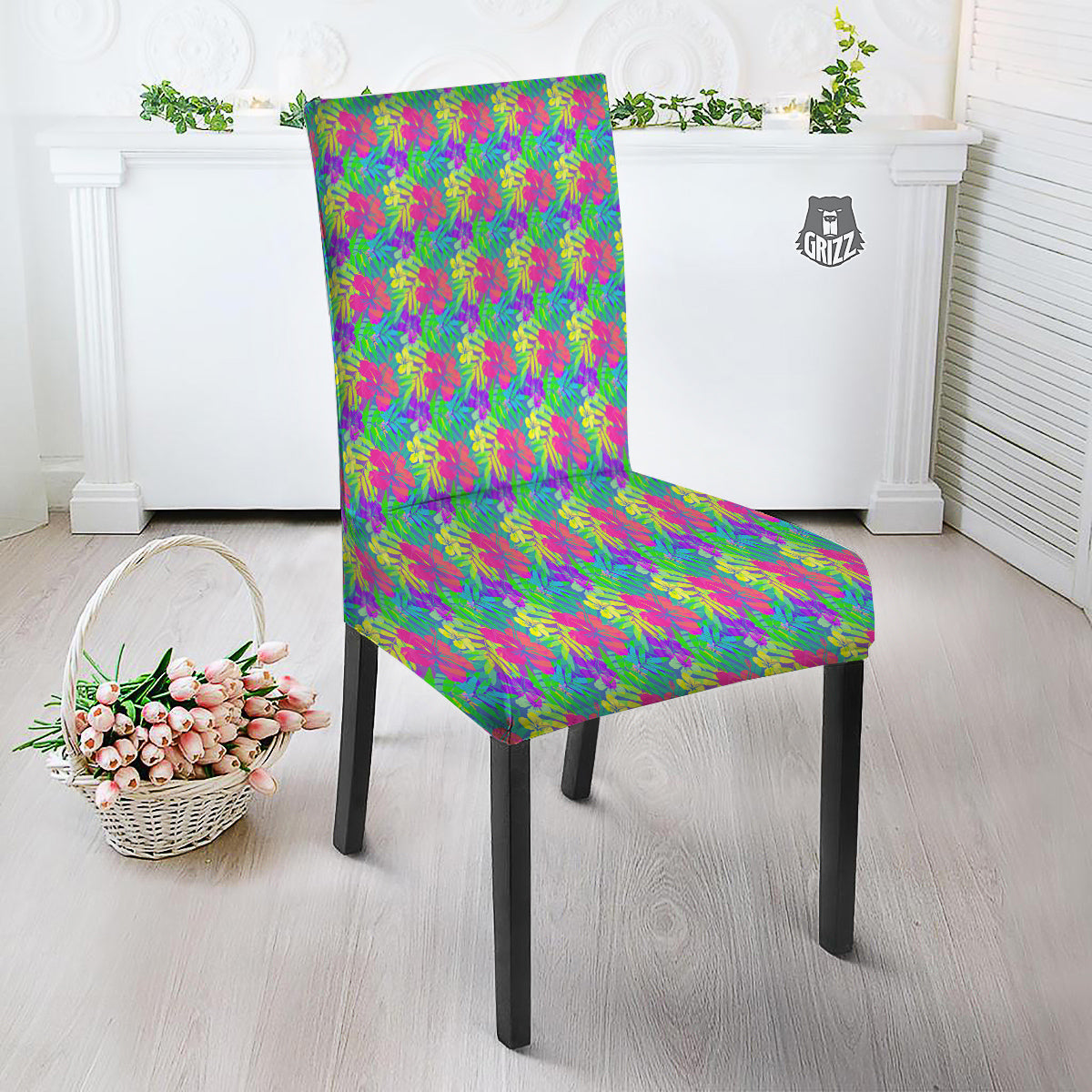 Frangipani Colorful Print Pattern Dining Chair Slipcover-grizzshop