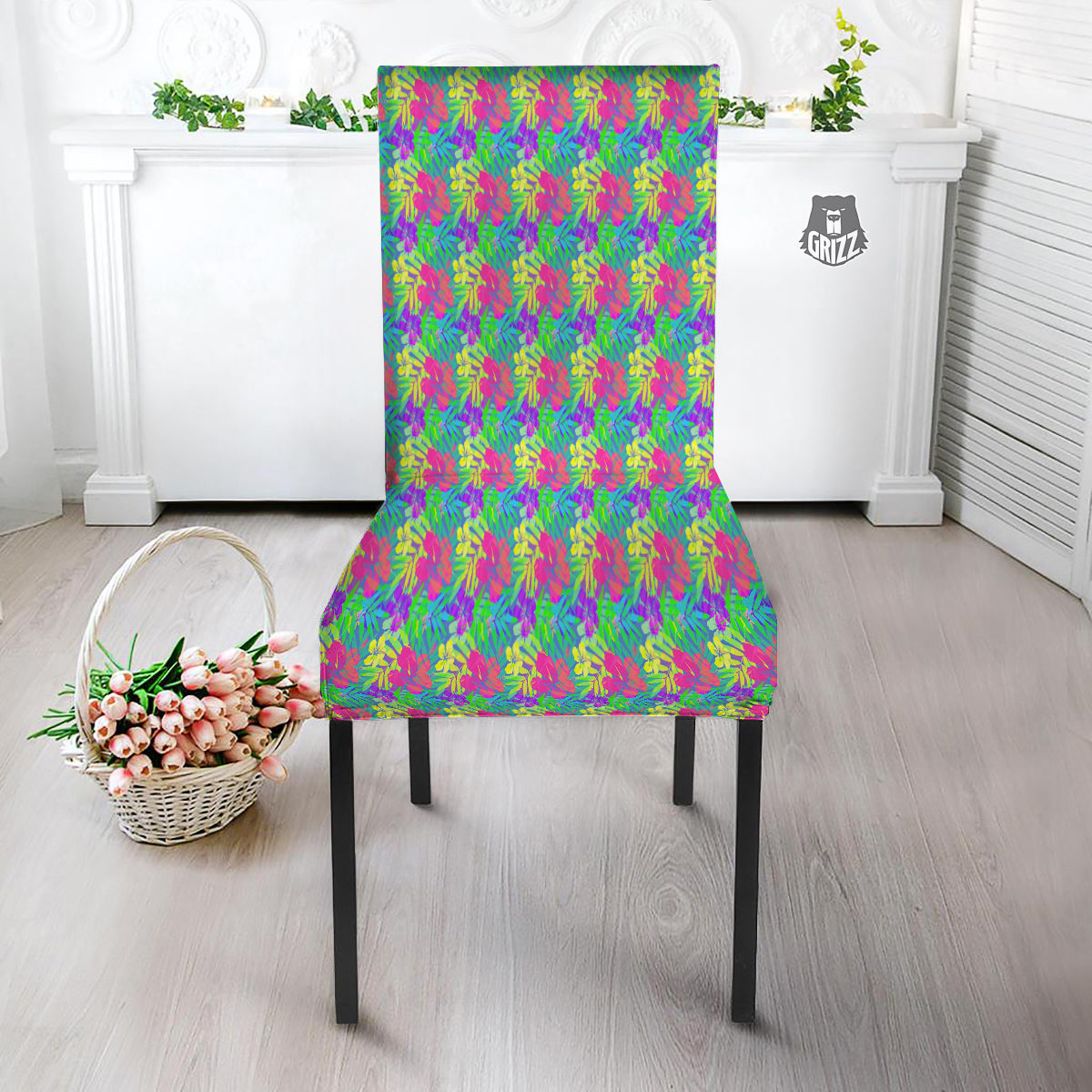 Frangipani Colorful Print Pattern Dining Chair Slipcover-grizzshop