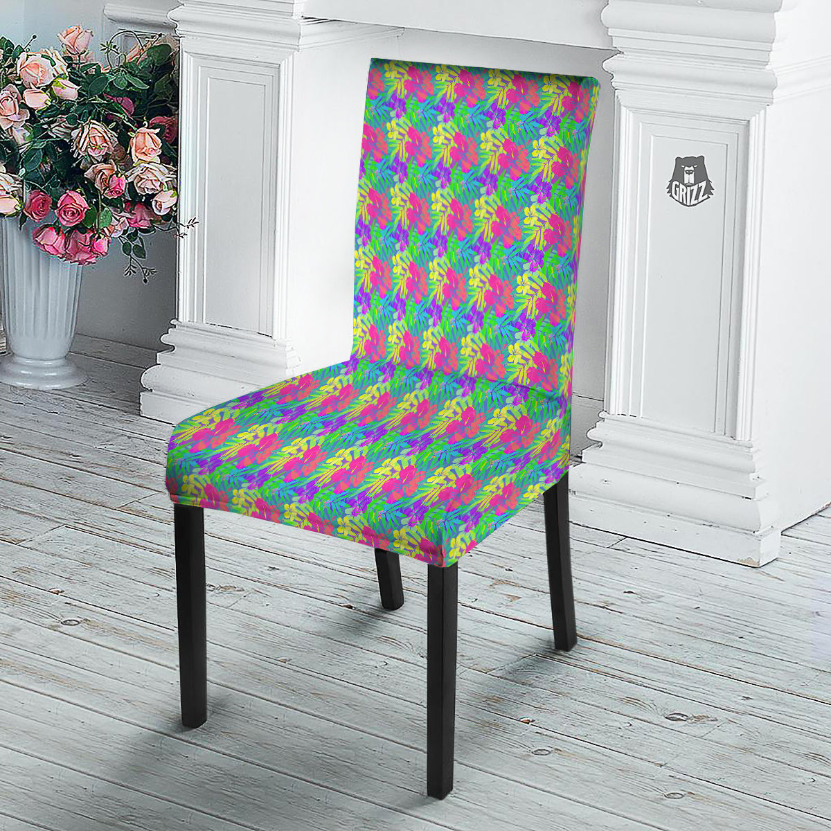Frangipani Colorful Print Pattern Dining Chair Slipcover-grizzshop