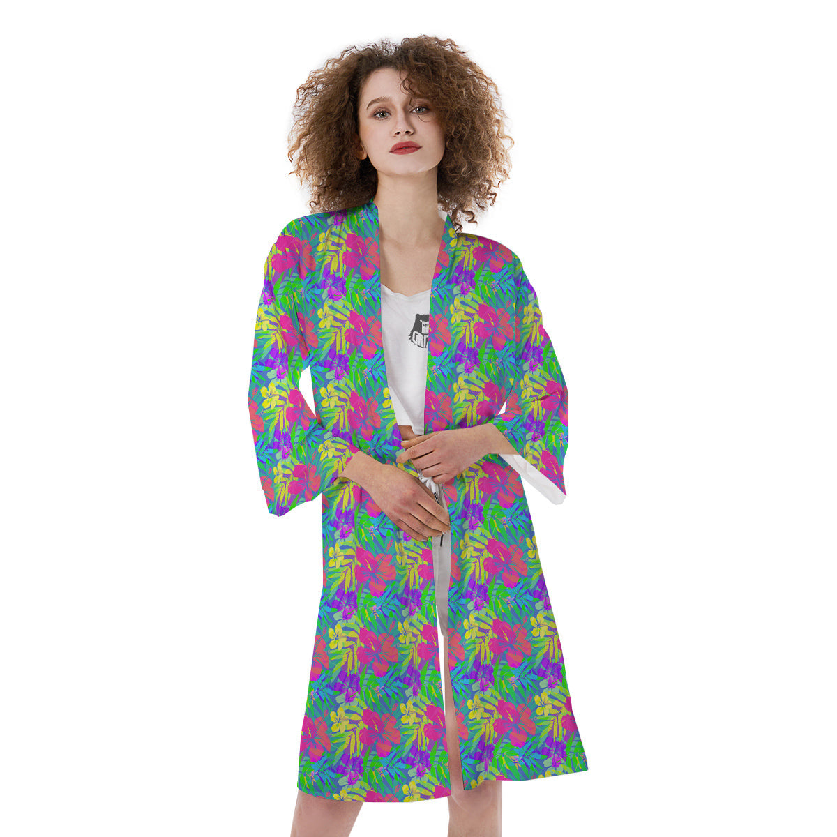 Frangipani Colorful Print Pattern Kimono-grizzshop